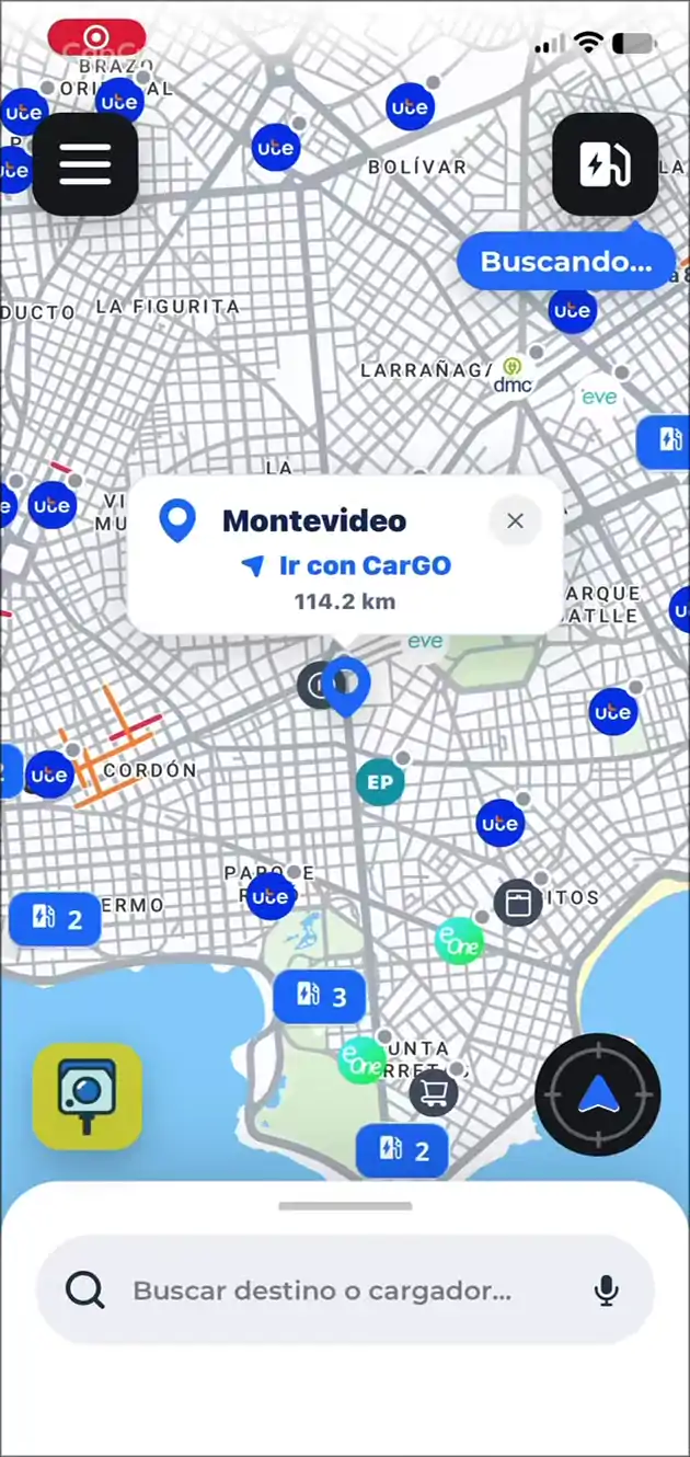 Mapa de CarGO con cargadores eléctricos en Montevideo