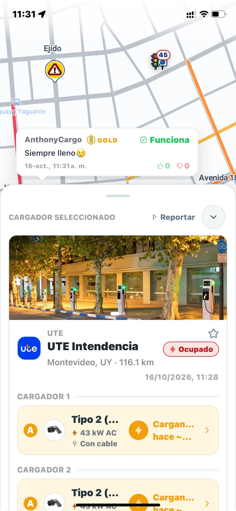 Reporte de la comunidad y ficha de un cargador en el mapa de CarGO