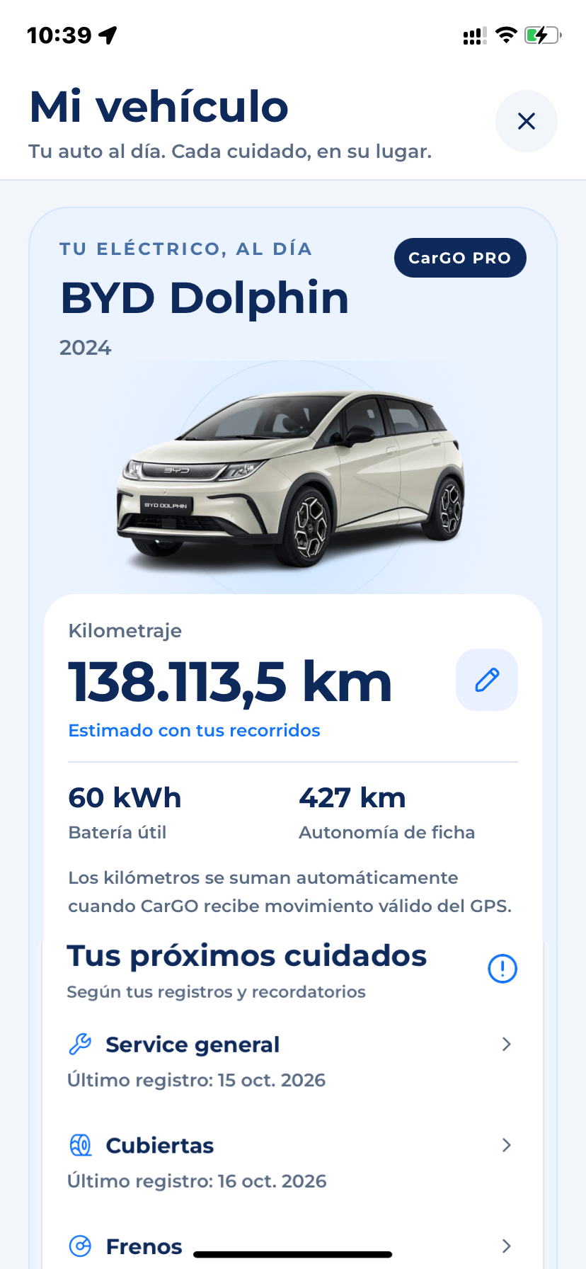 Mi Vehículo en CarGO Pro: BYD Dolphin, kilometraje y próximos cuidados